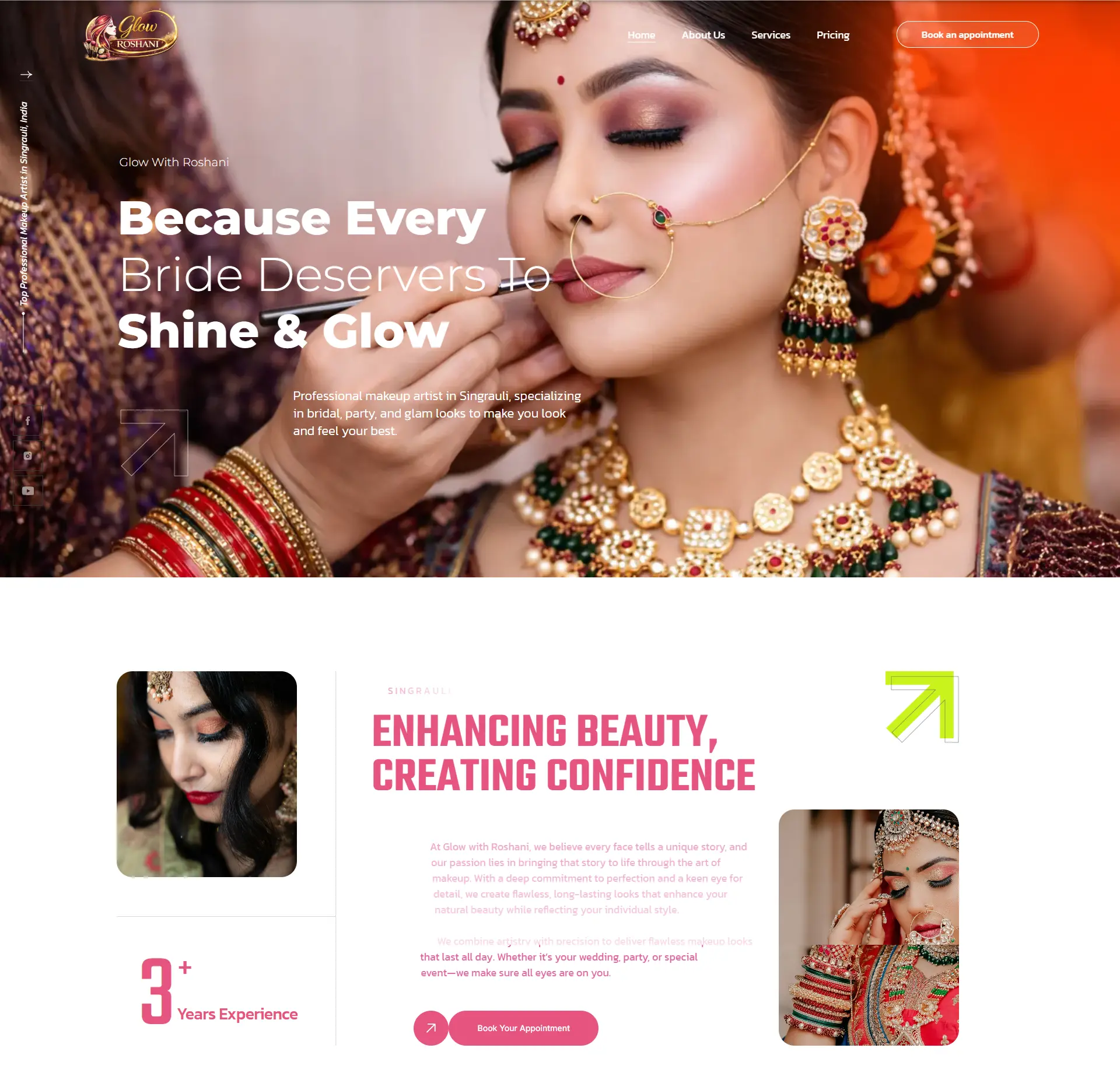 At Glow with Roshani, we believe every face tells a unique story, and our passion lies in bringing that story to life through the art of makeup. With a deep commitment to perfection and a keen eye for detail, we create flawless, long-lasting looks that enhance your natural beauty while reflecting your individual style.